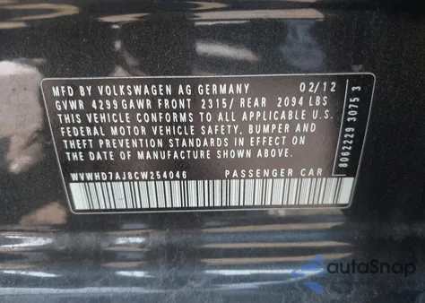 2012 Volkswagen Gti 4-Door from USA, damaged, VIN WVWHD7AJ8CW254046